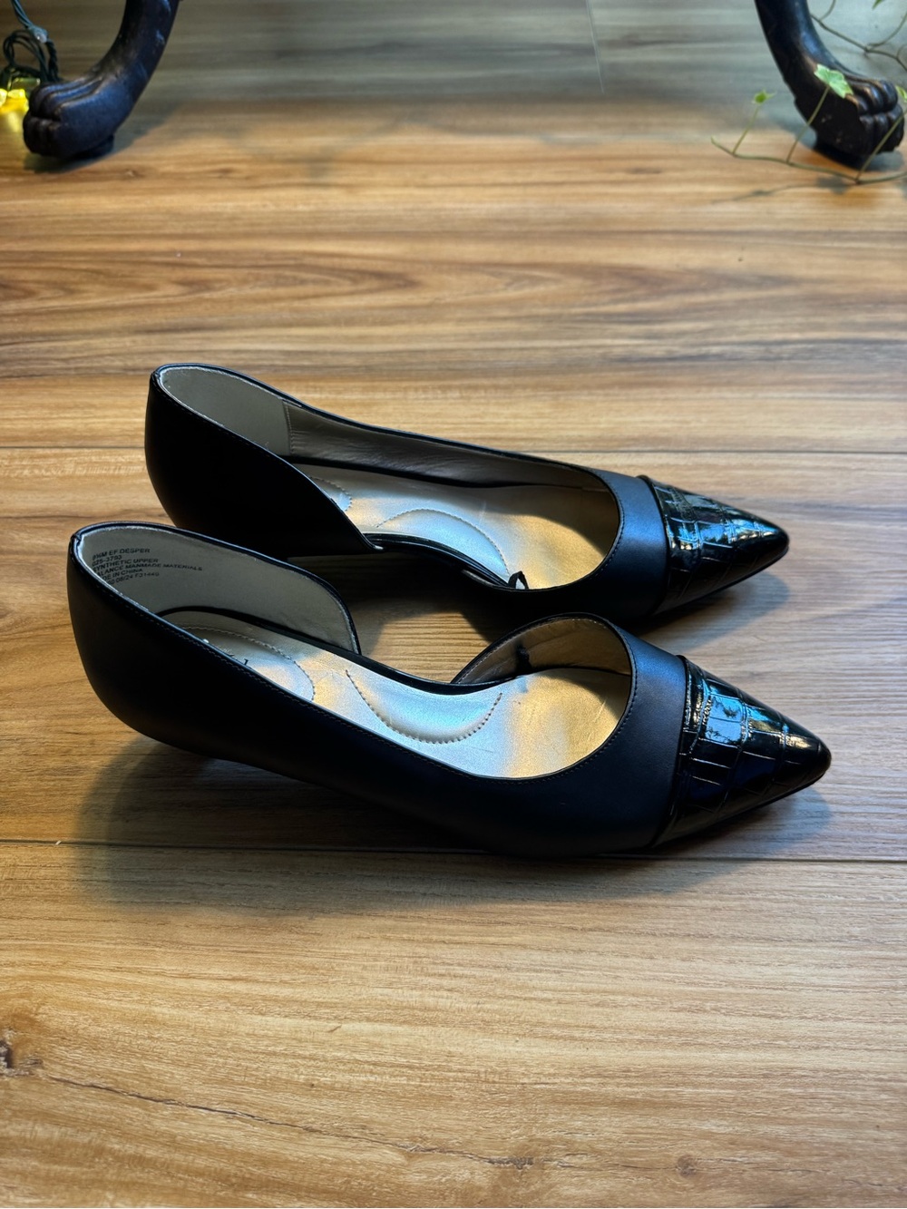East 5th Black Pointed Toe D'Orsay Flats with Patent Cap